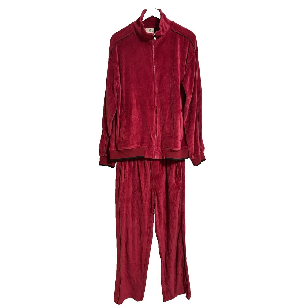 Vintage Men's Sweatscdo Red Velour w/Black Trim Track Suit Tracksuit Size Large